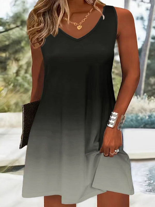 Women's Sleeveless Gradient Color Strap Dress – V-Neck Printed Casual Summer Dress