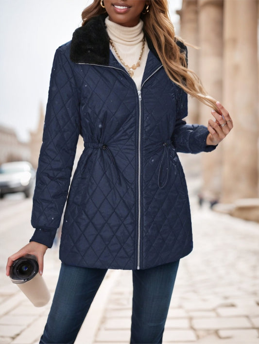 Women's Casual Winter Padded Coat – Contrast-Color Design with Fur Collar & Drawstring Waist