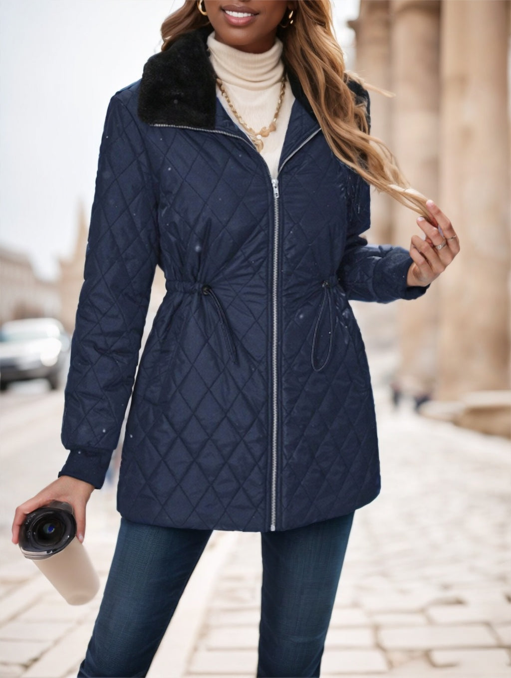 Women's Casual Winter Padded Coat – Contrast-Color Design with Fur Collar & Drawstring Waist