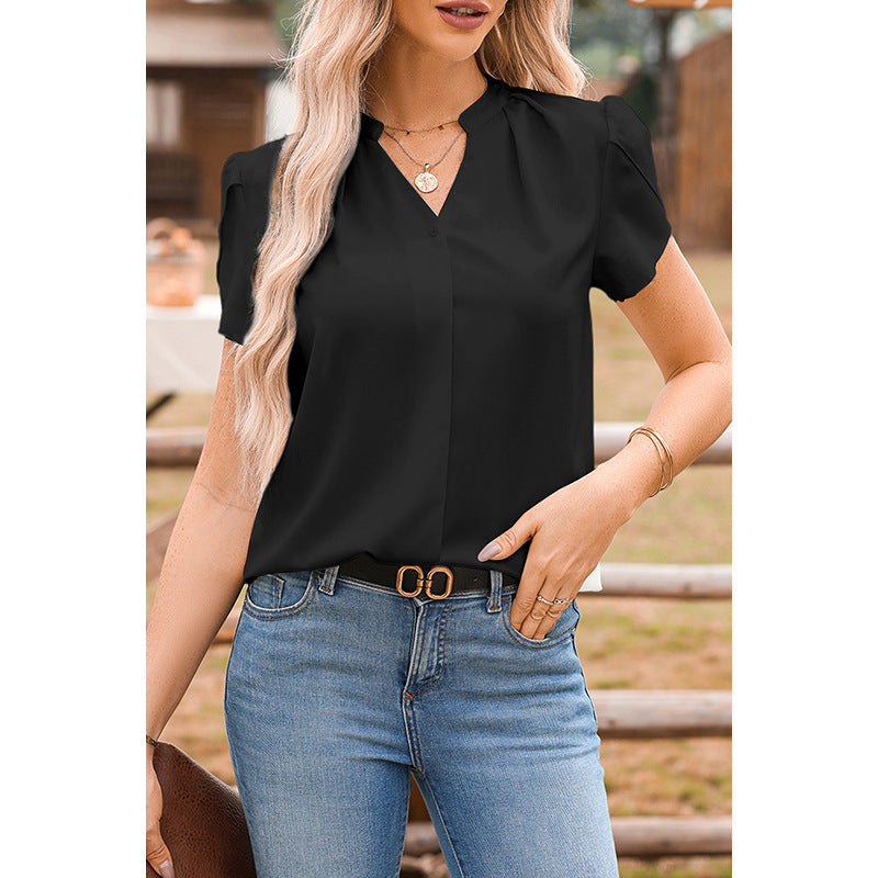 Women's Solid Color V-Neck Chiffon Blouse – Dressy Pullover Top
