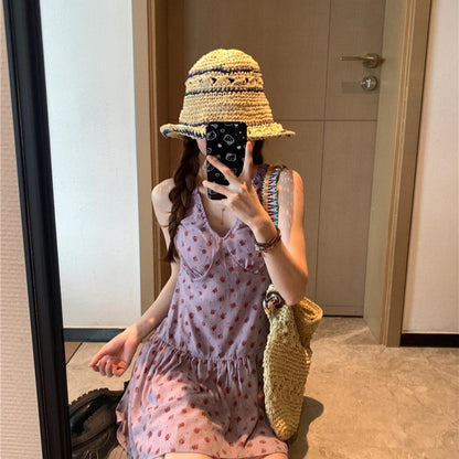 French Style V-neck Sling Dress Summer Waist-controlled Skirt