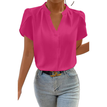 Women's Solid Color V-Neck Chiffon Blouse – Dressy Pullover Top