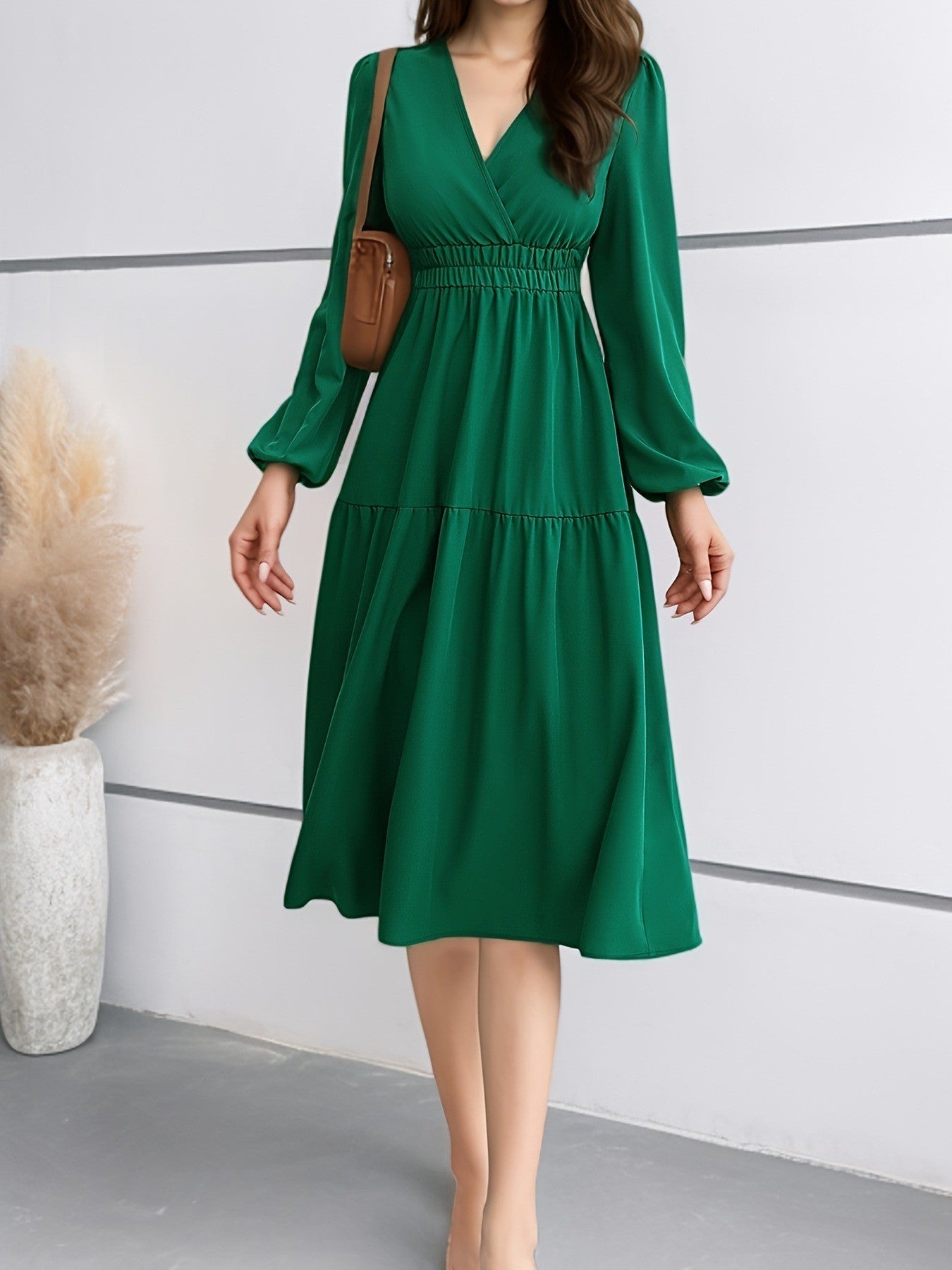 Women's V-Neck Long Sleeve Waist Dress – Solid Color Elegant Midi Dress