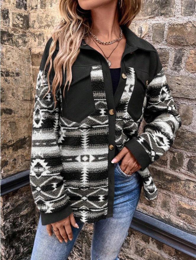 Women's Geometric Pattern Drop Shoulder Coat – Flap Pocket Casual Jacket