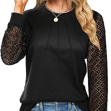 Women's Lace Trim Knitted Shirt – Casual Autumn Long Sleeve Top