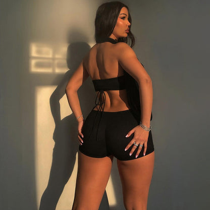 Women's Halter Neck Crop Top & Skinny Shorts Set – Summer 2-Piece Outfit