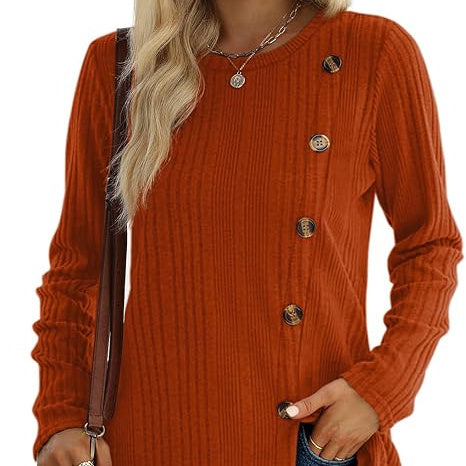 Women's Solid Color Ribbed Round Neck Brushed Knit Top – Long Sleeve Casual Pullover