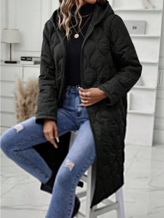 Women's Solid Color Hooded Puffer Coat – Zipper Fly Padded Winter Jacket