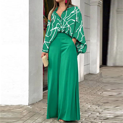 Women's Casual Printed Shirt & Wide Leg Pants Set – Loose Fit Elegant 2-Piece Fashion Outfit