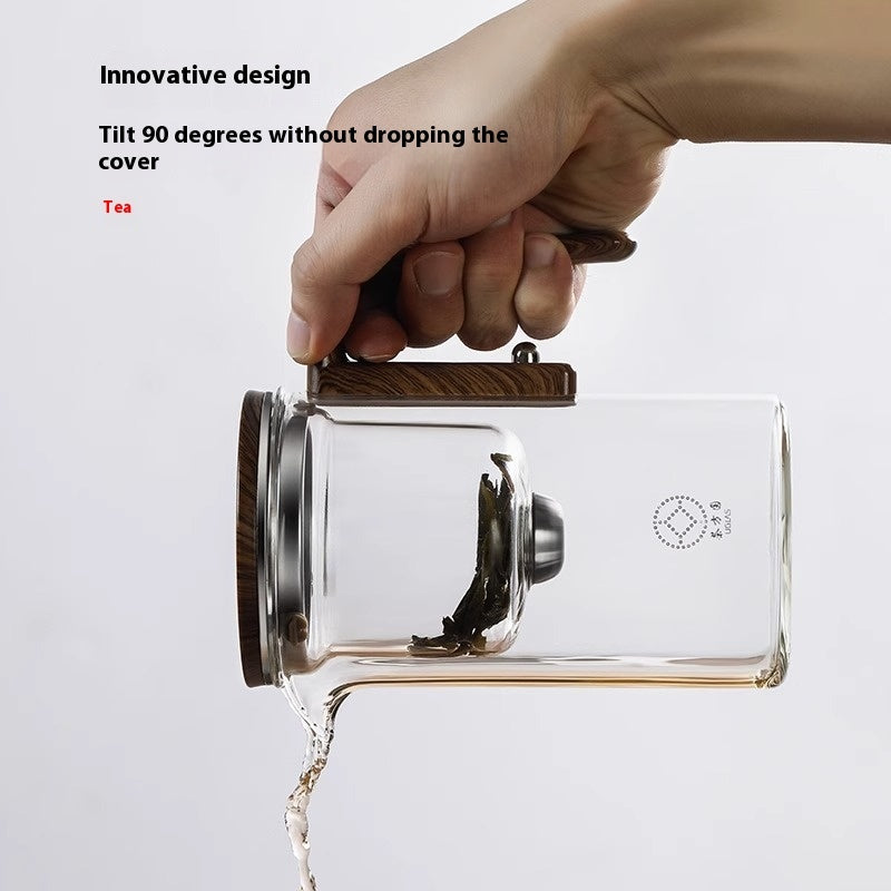 Magnetic Separation Glass Teapot – One-Click Tea Filter Pot with Wooden Handle & Inner Infuser