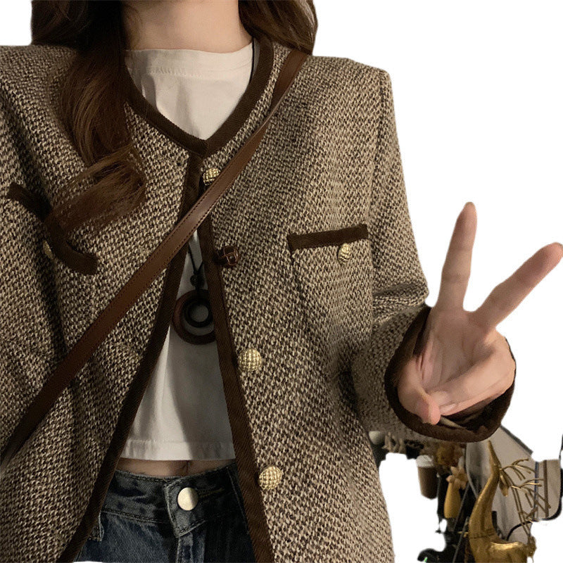 Plus Size Slimming Single-breasted Color Contrast Short Coat