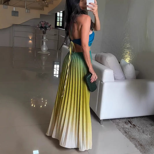 Women's Sleeveless Gradient Color Dress – European & American Style Backless Pleated Summer Maxi Dress