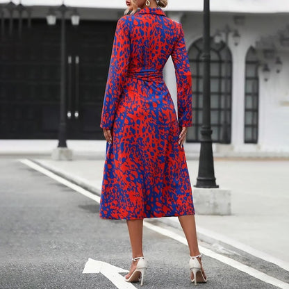 Women's Leopard Print Belted Dress - V-Neck Button Detail Slit Maxi Dress for Spring/Fall