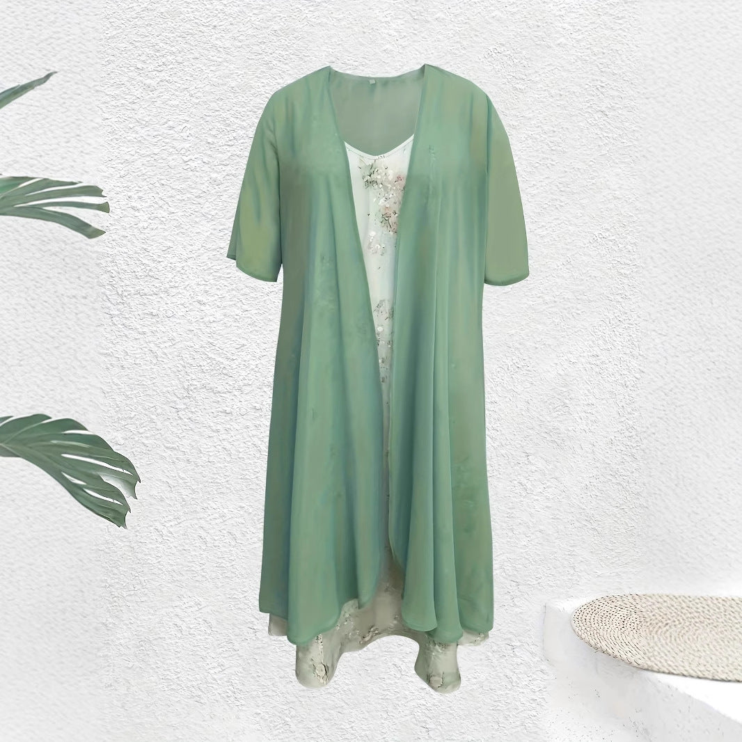 Holiday Floral Print Dress Chiffon Cardigan Two-piece Set