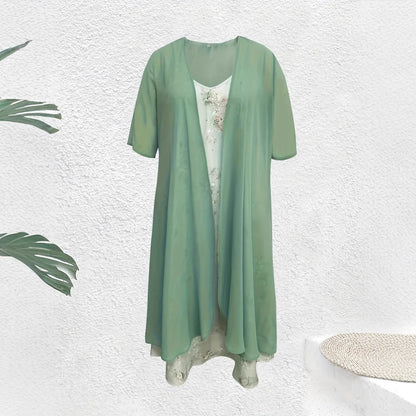 Holiday Floral Print Dress Chiffon Cardigan Two-piece Set