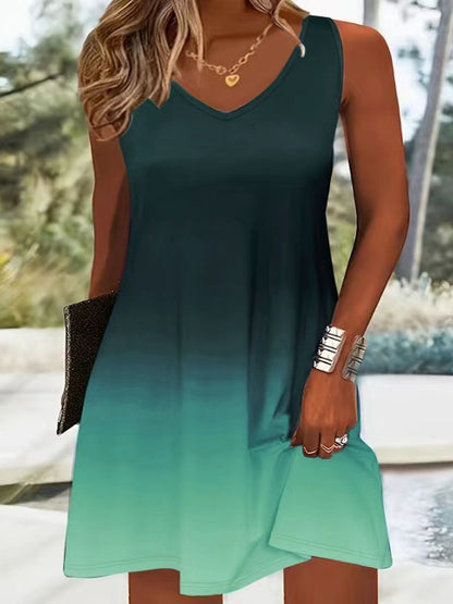 Women's Sleeveless Gradient Color Strap Dress – V-Neck Printed Casual Summer Dress