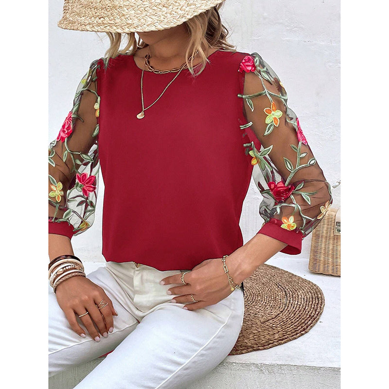 Women’s Floral Embroidered Mesh Puff Sleeve Crew Neck Tee Top