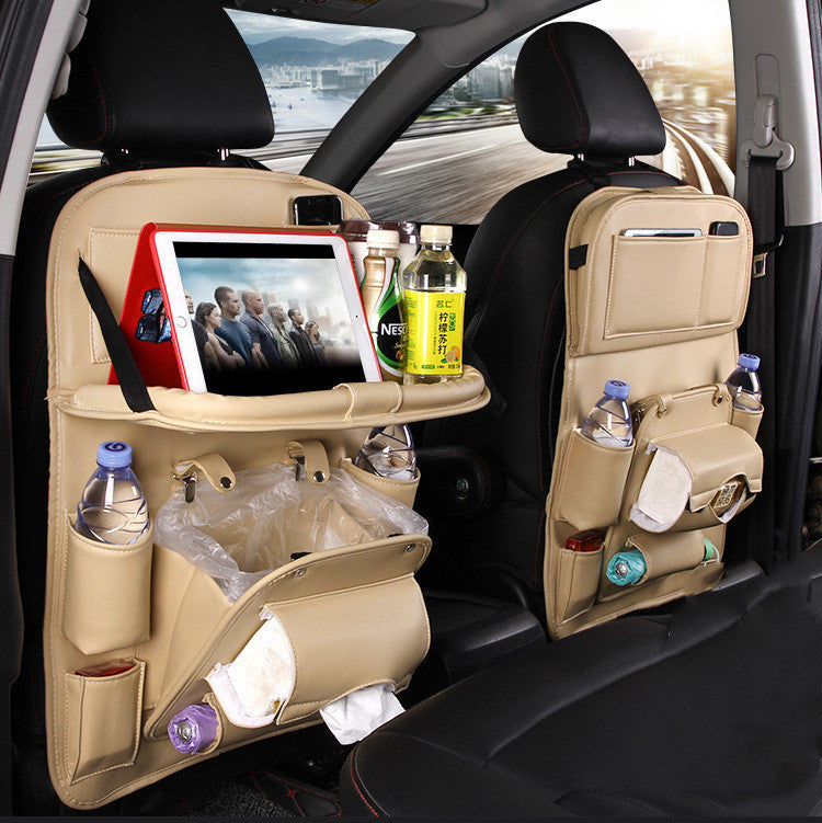 PU Leather Car Storage Bag – Multifunctional Waterproof Seat Back Organizer with Hanging Tray &amp; Built-in Trash Can