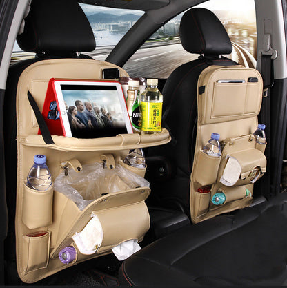 PU Leather Car Storage Bag – Multifunctional Waterproof Seat Back Organizer with Hanging Tray &amp; Built-in Trash Can