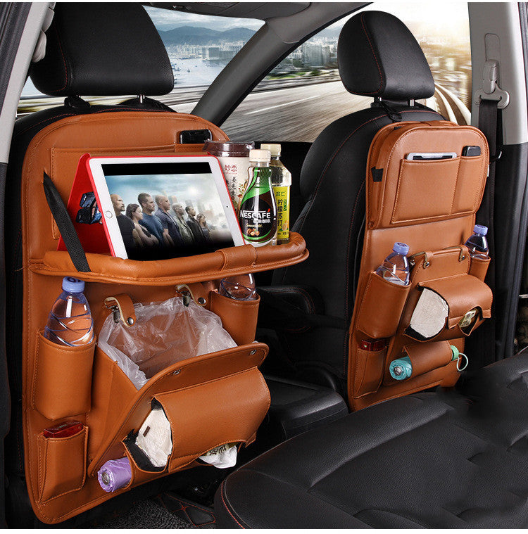 PU Leather Car Storage Bag – Multifunctional Waterproof Seat Back Organizer with Hanging Tray &amp; Built-in Trash Can