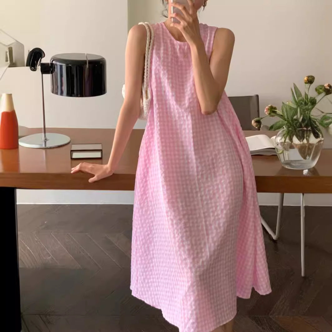 Special-interest Design Hollow Sweet Pleated Plaid Sleeveless Dress