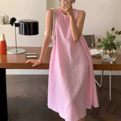 Special-interest Design Hollow Sweet Pleated Plaid Sleeveless Dress