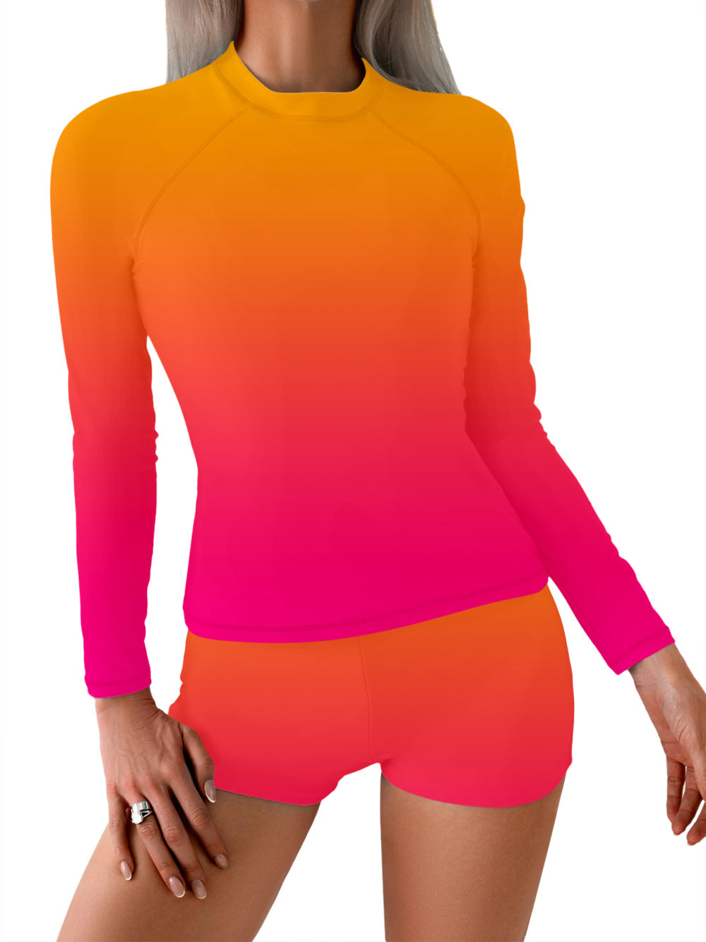 Women's Blue Long Sleeve Split Swimsuit – Sexy Fitted Beach Surf Suit for Outdoor Swimming