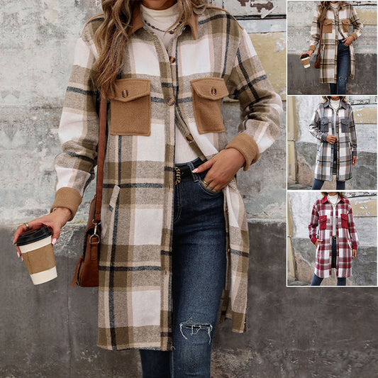 New Brushed Plaid Long Coat with Pockets – Cozy Elegance for Winter Days
