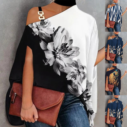 Women's Halter Neck Shawl-Style Bat Sleeve Top – Elegant Printed Short Sleeve Blouse