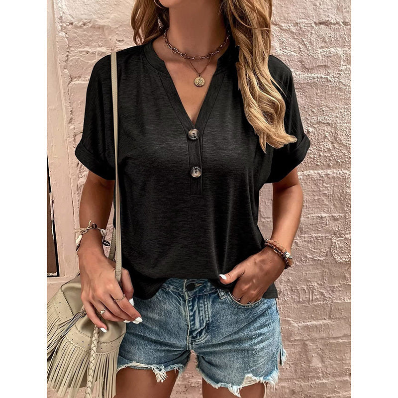 Women's Summer Short Sleeve Button-Down Shirt - V-Neck Business Casual Tunic Top