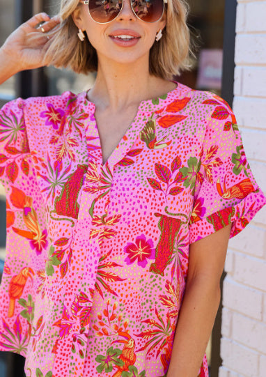 Rose Jungle Floral Print Notch V Neck Blouse