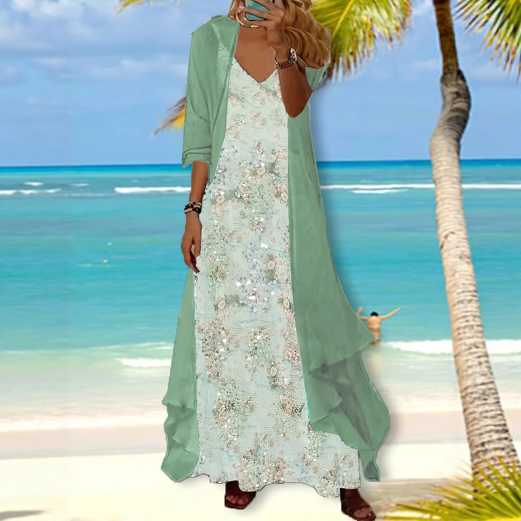 Holiday Floral Print Dress Chiffon Cardigan Two-piece Set