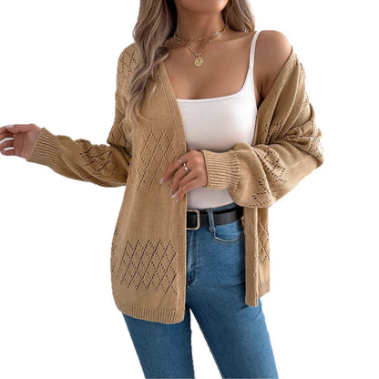Women's Hollow-Out Lantern Sleeve Cardigan - Long Sleeve Open Knit Cover-Up