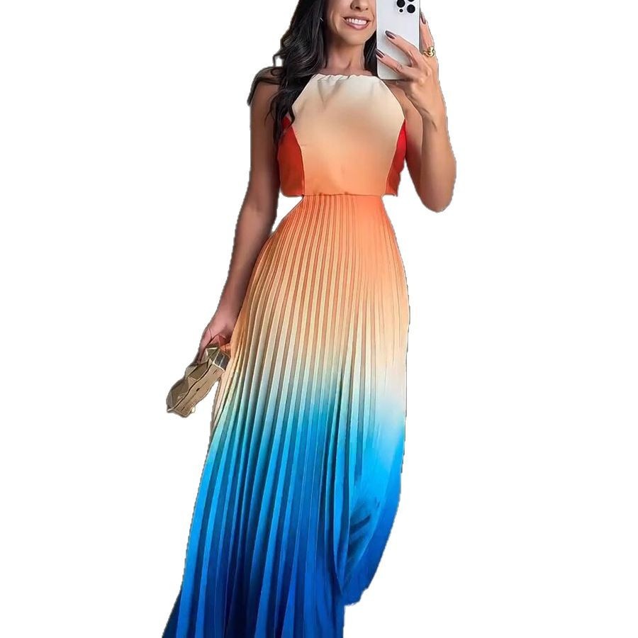 Women's Sleeveless Gradient Color Dress – European & American Style Backless Pleated Summer Maxi Dress