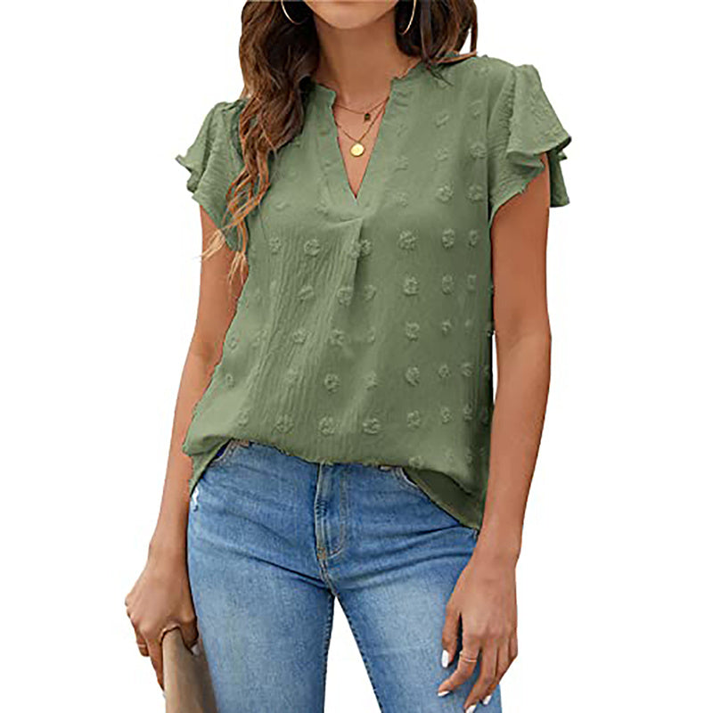 Women's Summer V-Neck Ruffle Short Sleeve Blouse – Business & Casual Office Top