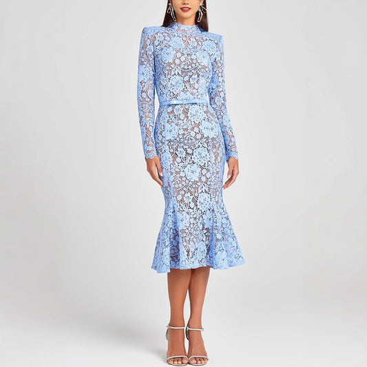 Women's Slim Fit Fishtail Lace Dress – Sheer Long Sleeve Belted Hollow-Out Evening Gown