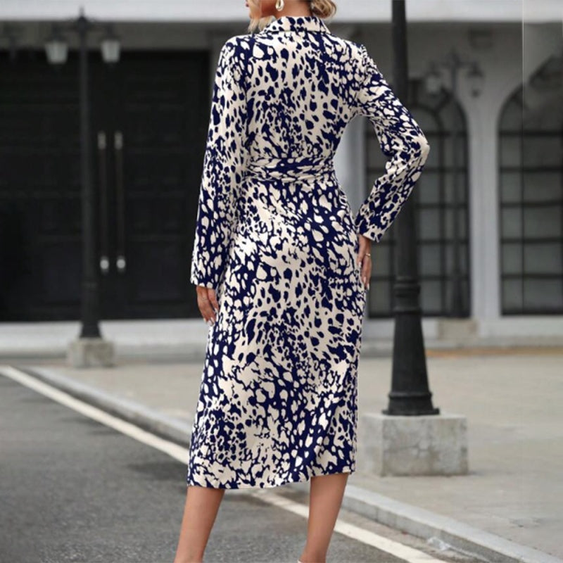 Women's Leopard Print Belted Dress - V-Neck Button Detail Slit Maxi Dress for Spring/Fall