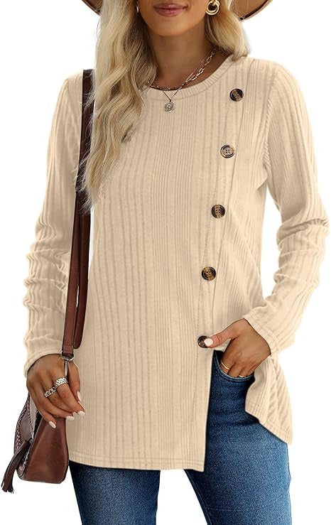 Women's Solid Color Ribbed Round Neck Brushed Knit Top – Long Sleeve Casual Pullover
