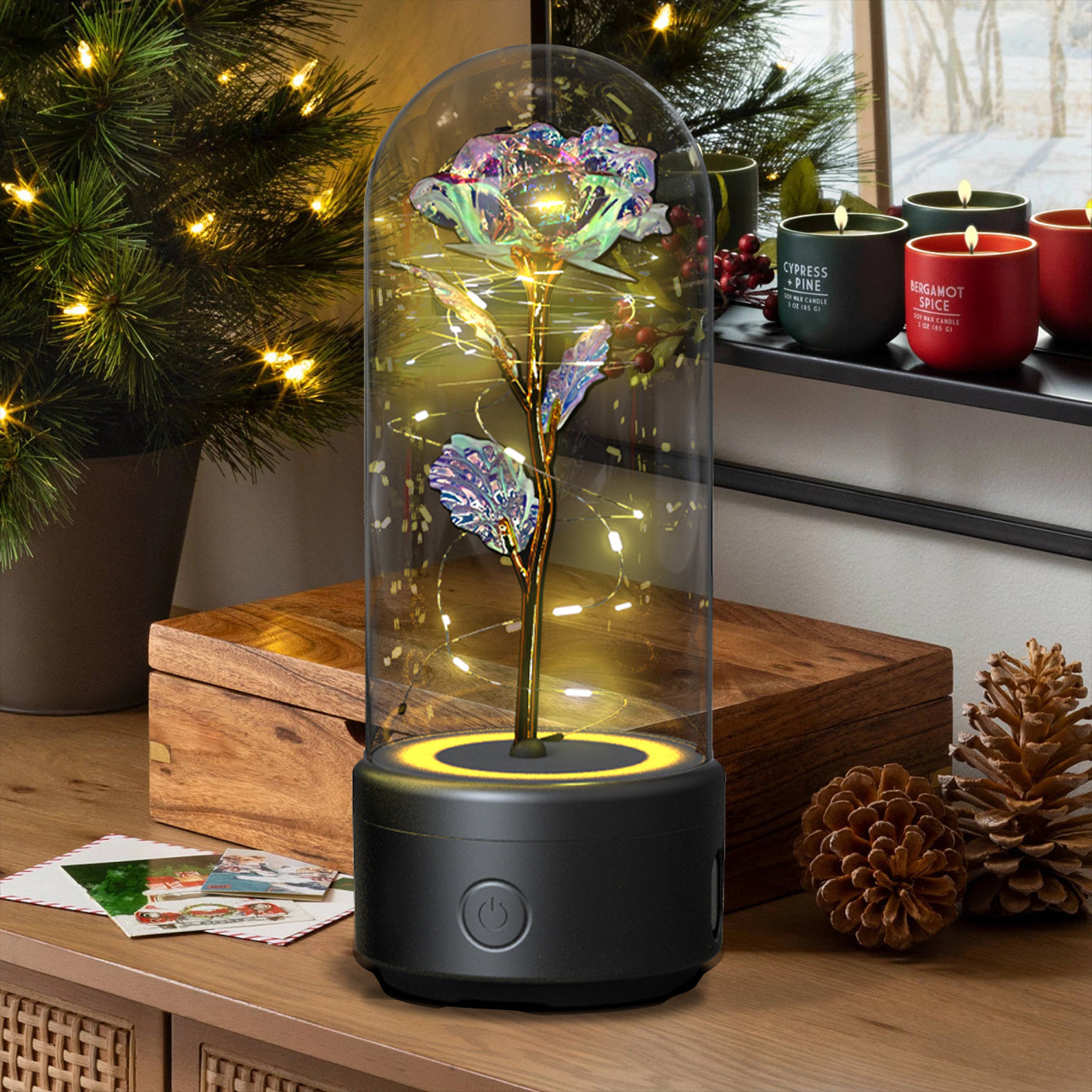2-in-1 Rose LED Light & Bluetooth Speaker – Romantic Gift in Glass Dome
