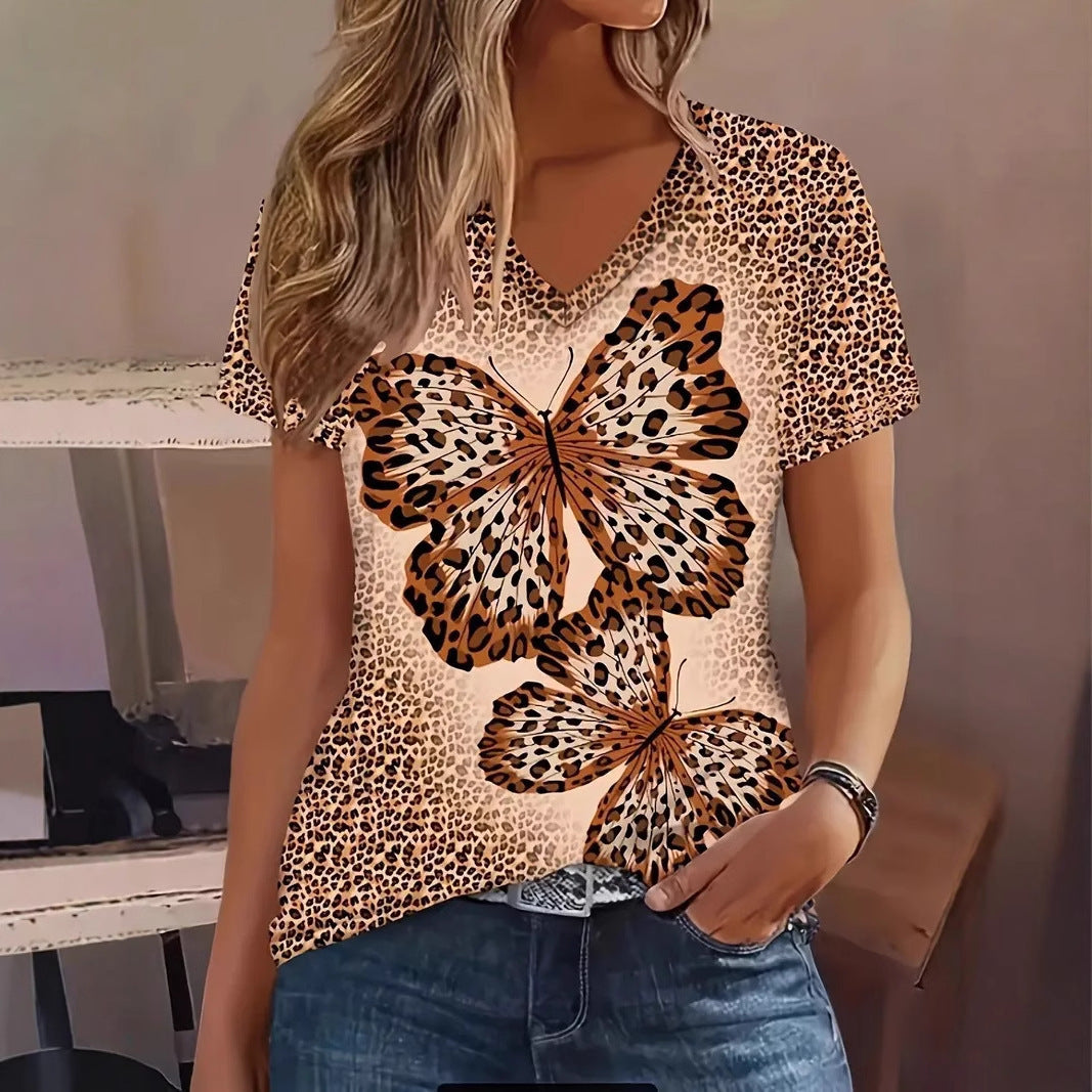 Women's V-Neck Short Sleeve T-Shirt – Comfortable Fashion Tee with Animal & Plant Print