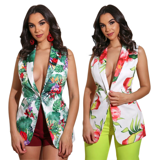 Women's Floral Print Sleeveless Blazer - Summer Fashion Jacket with Floral Pattern