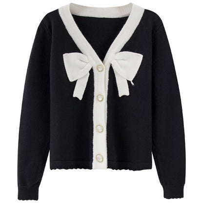 Women's Loose Contrast Color Bow Knit Cardigan Sweater – Single-Breasted Button Down