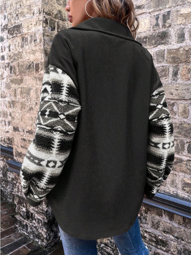 Women's Geometric Pattern Drop Shoulder Coat – Flap Pocket Casual Jacket