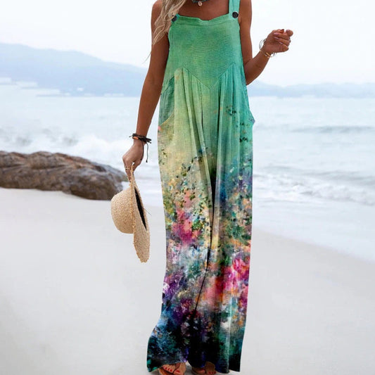 Women's Vintage Sleeveless Print Jumpsuit – Loose Fit Summer Romper, European & American Style