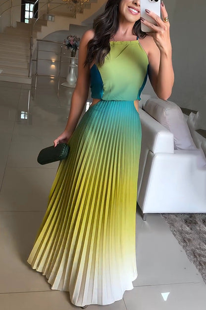 Women's Sleeveless Gradient Color Dress – European & American Style Backless Pleated Summer Maxi Dress