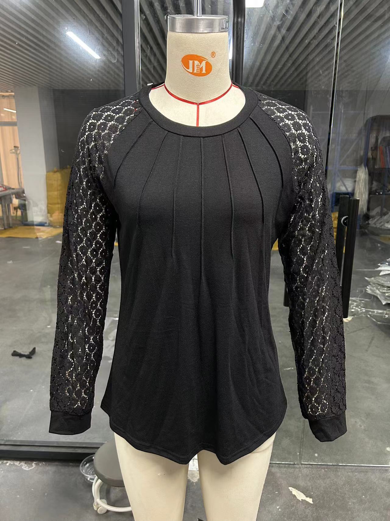 Women's Lace Trim Knitted Shirt – Casual Autumn Long Sleeve Top