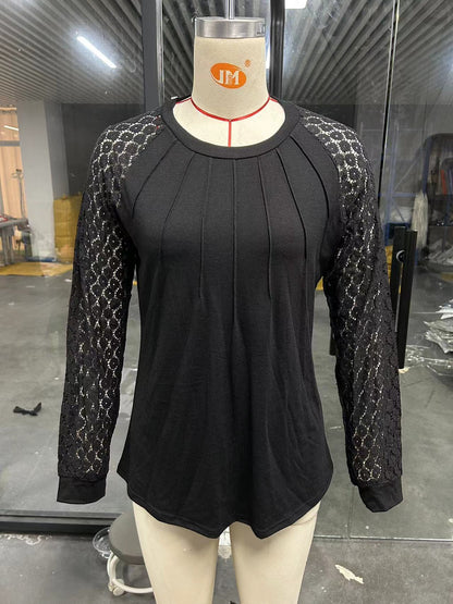 Women's Lace Trim Knitted Shirt – Casual Autumn Long Sleeve Top