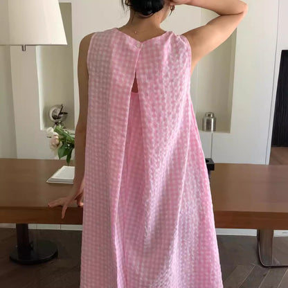 Special-interest Design Hollow Sweet Pleated Plaid Sleeveless Dress