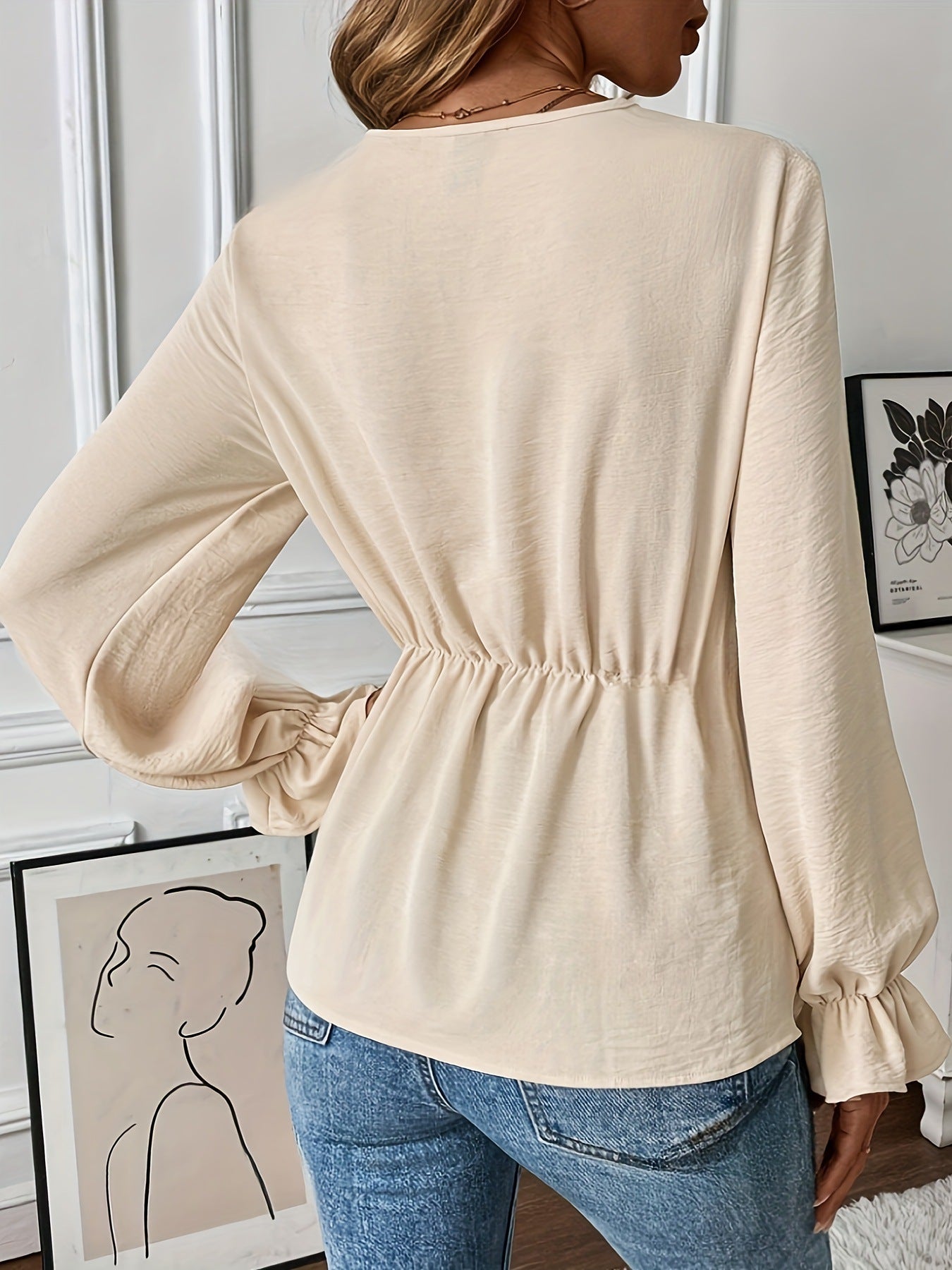Women's Solid Color V-Neck Long Sleeve Shirt – Elegant Casual Blouse for Office & Daily Wear
