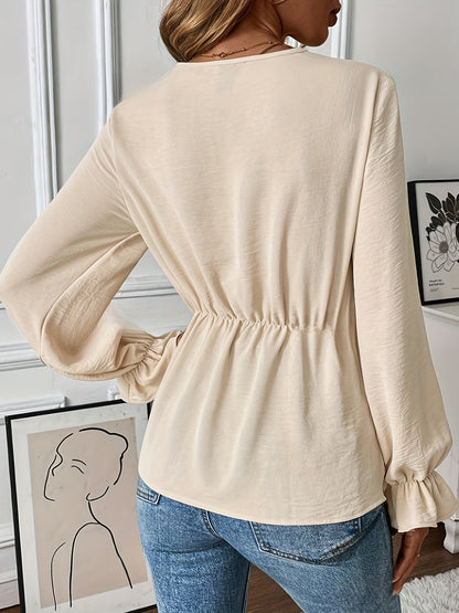 Women's Solid Color V-Neck Long Sleeve Shirt – Elegant Casual Blouse for Office & Daily Wear
